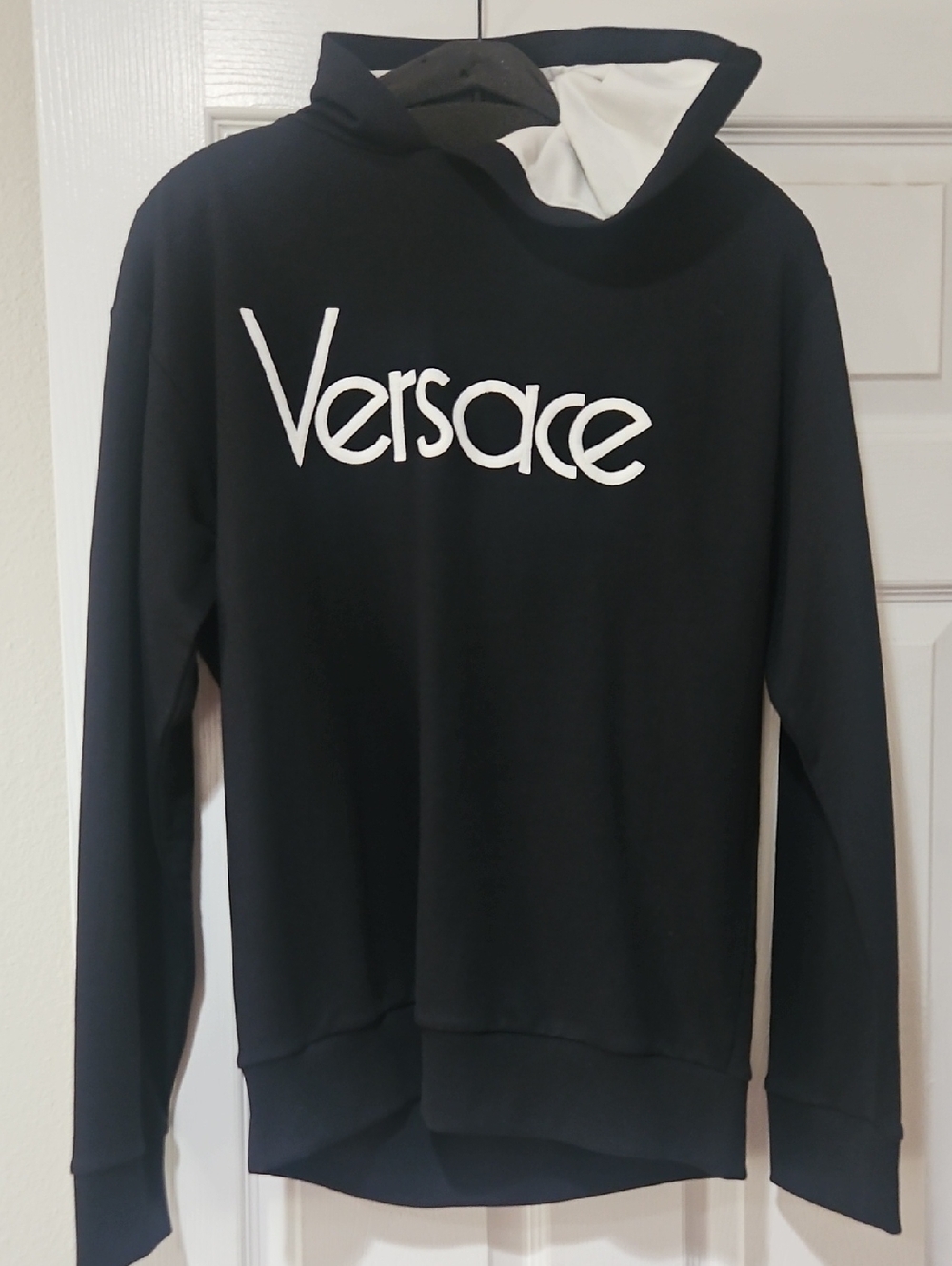 Versace Black Hoodie with White Logo and Lined Hood